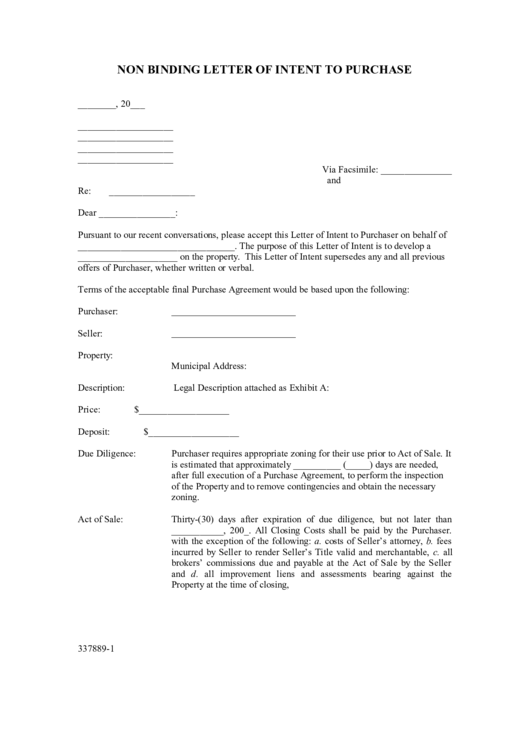 Non Binding Letter Of Intent To Purchase Property printable pdf download