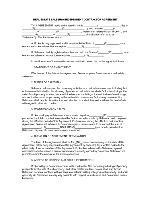 Real Estate Salesman Independent Contractor Agreement Printable pdf