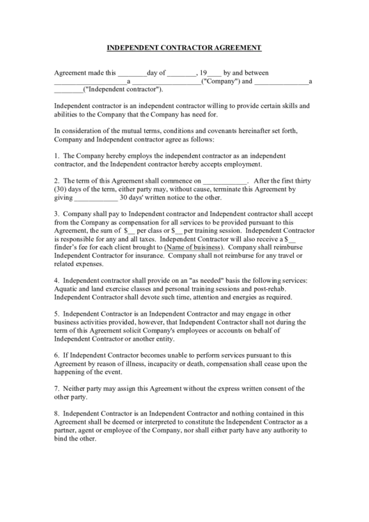 Fillable Independent Contractor Agreement Template Printable pdf
