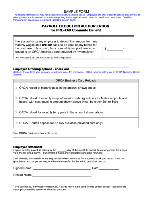 Payroll Deduction Authorization For Pre-Tax Commute Benefit Form Printable pdf
