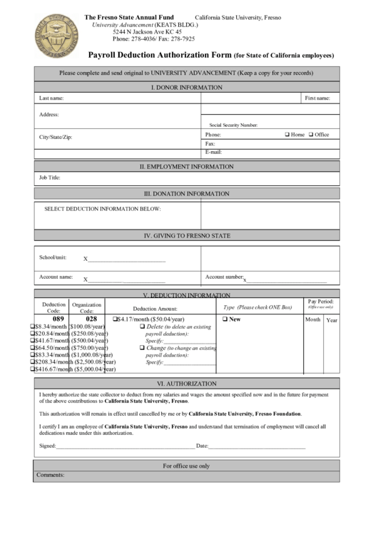 Payroll Deduction Authorization Form (For State Of California Employees) Printable pdf