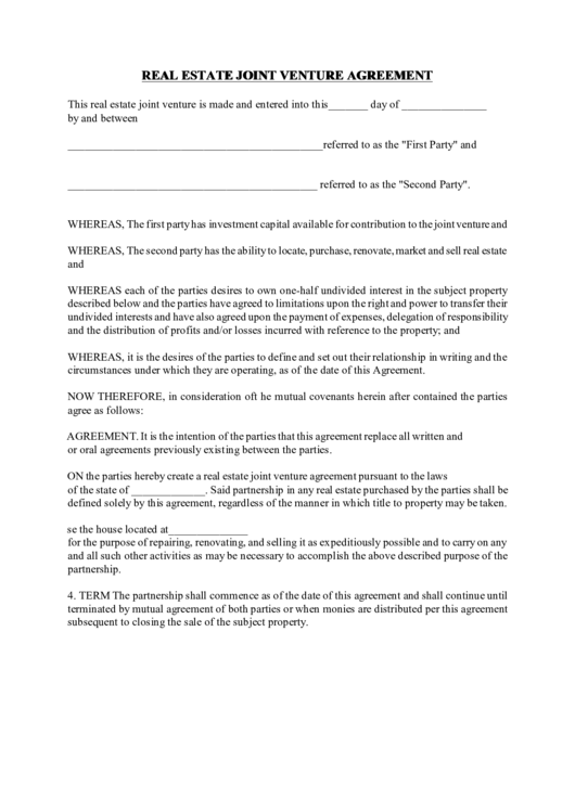 Real Estate Joint Venture Agreement Printable pdf