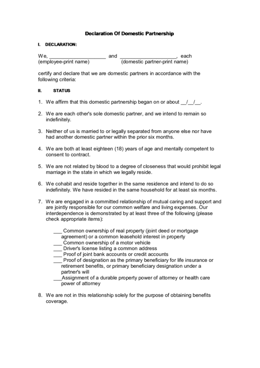 Declaration Form Of Domestic Partnership Printable pdf