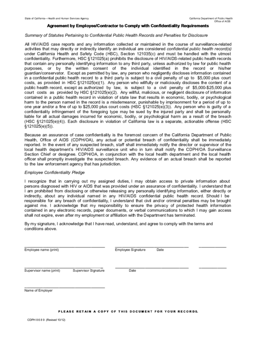 Aids Office Ca Agreement By Employee/contractor To Comply With Confidentiality Requirements Printable pdf