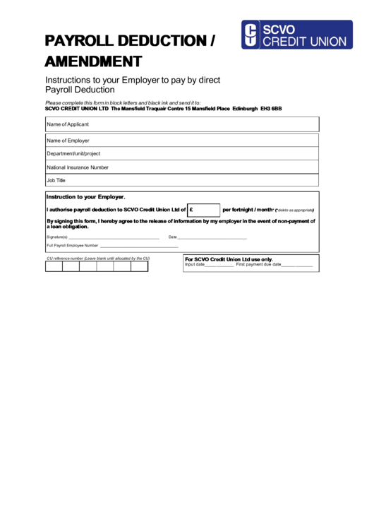 Payroll Deduction / Amendment Printable pdf
