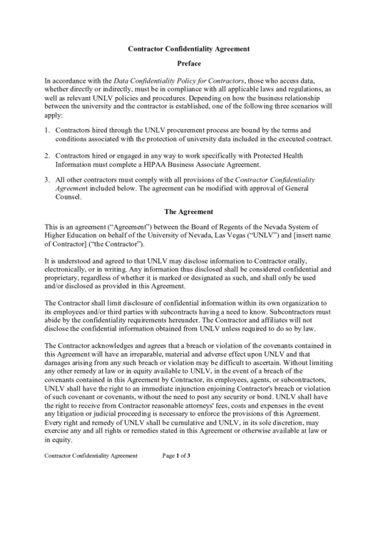 Contractor Confidentiality Agreement printable pdf download