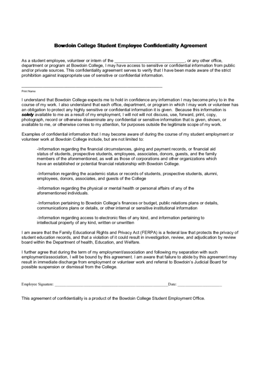 Bowdoin College Student Employee Confidentiality Agreement Form