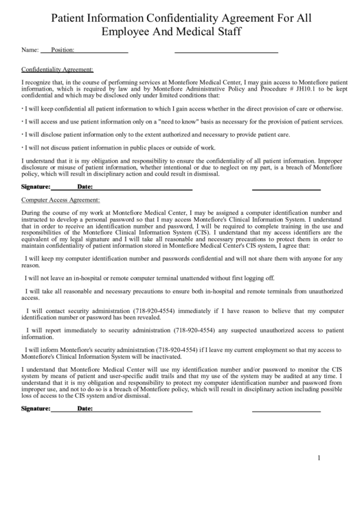 Patient Information Confidentiality Agreement Printable pdf