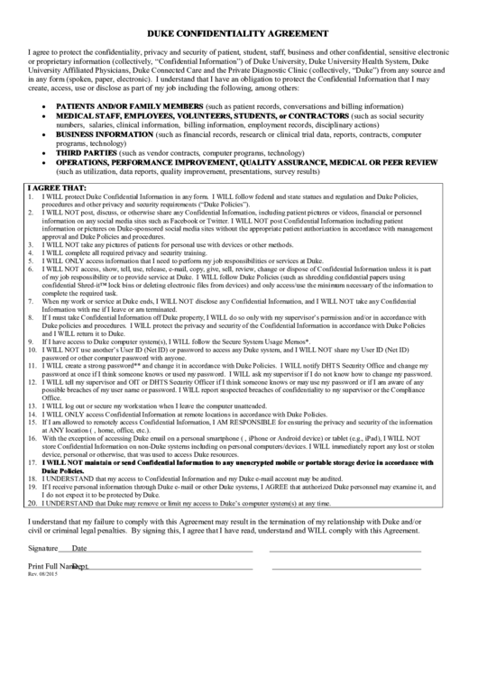 Duke Confidentiality Agreement Printable pdf