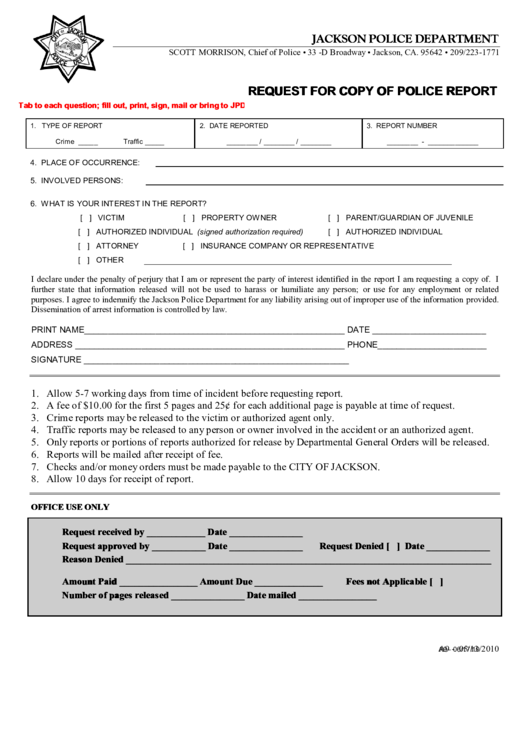 Fillable Jackson Police Department, Request For Copy Of Police Report