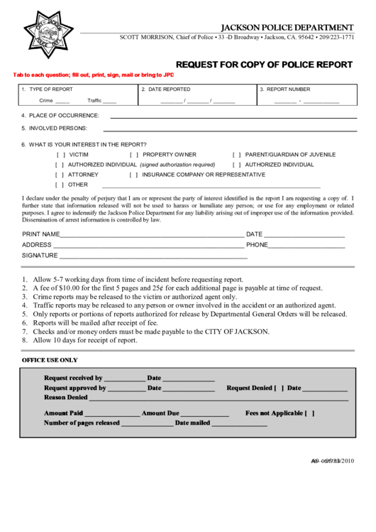 Fillable Jackson Police Department Request For Copy Of Police Report