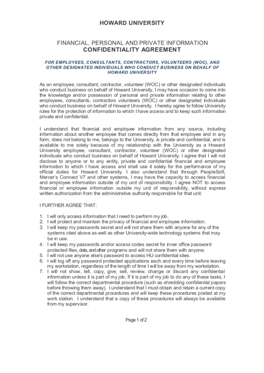 Howard Uni Confidentiality Agreement Printable pdf