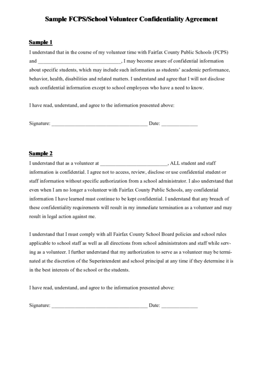 Fillable Sample Fcps/school Volunteer Confidentiality Agreement Printable pdf
