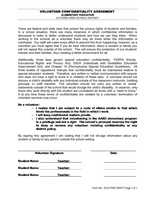 Fillable Volunteer Confidentiality Agreement Printable pdf