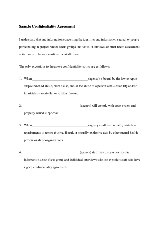 Sample Confidentiality Agreement Printable pdf