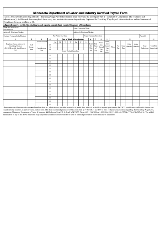 Fillable Minnesota Department Of Labor And Industry Certified Payroll Form Printable pdf