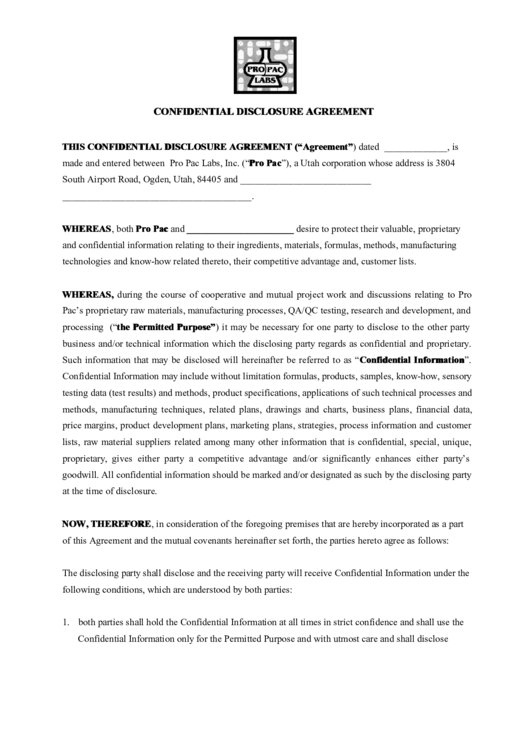 Propaclabs Confidential Disclosure Agreement Printable pdf