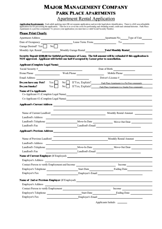 Fillable Apartment Rental Application Printable pdf