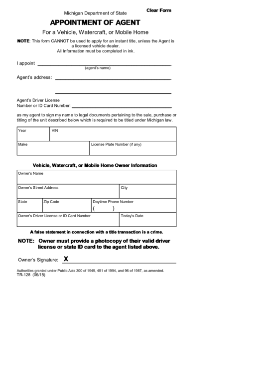 Fillable Form Tr-128 - Appointment Of Agent For A Vehicle, Watercraft, Or Mobile Home Printable pdf