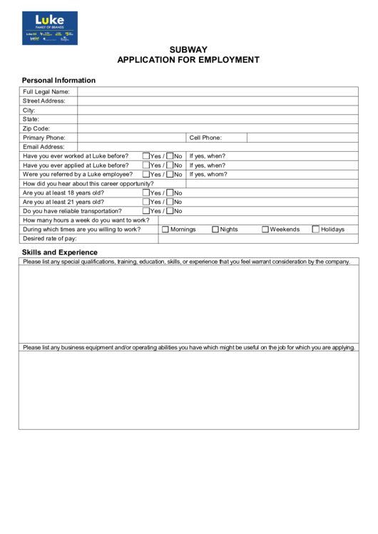Fillable Subway Application For Employment Printable pdf