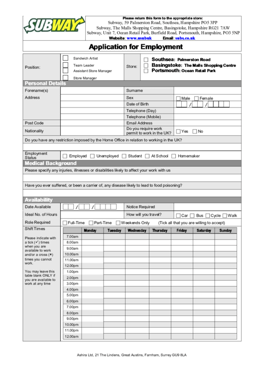 Application For Employment Form - Subway Printable pdf