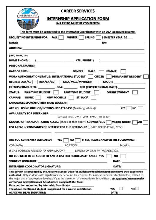 Internship Application Form Printable pdf