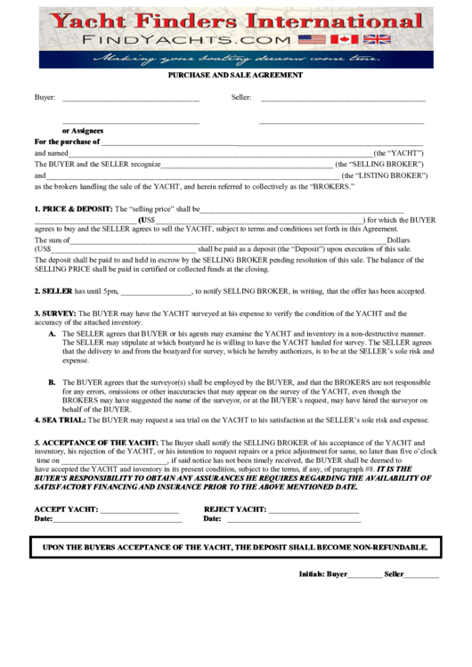 Yacht Purchase And Sale Agreement printable pdf download