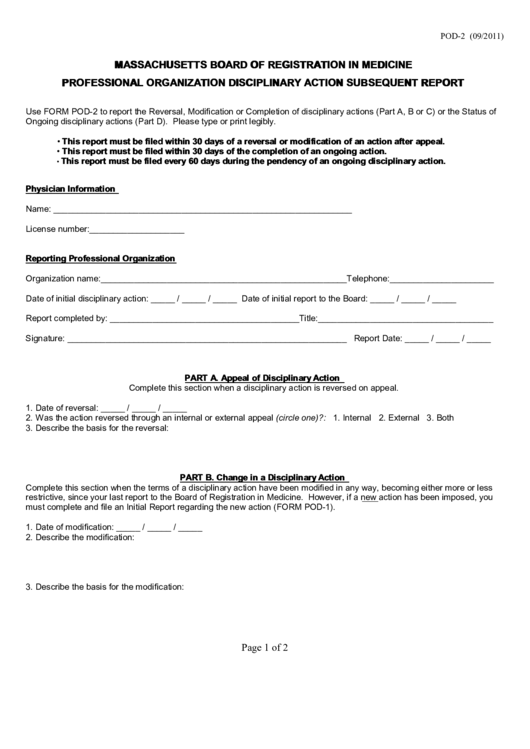 Massachusetts Board Of Registration In Medicine Professional Organization Disciplinary Action Subsequent Report Printable pdf