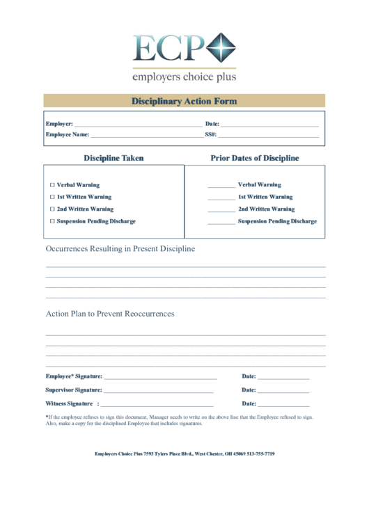 Disciplinary Action Form Printable pdf