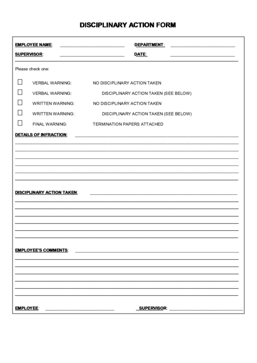 Disciplinary Action Form Printable PDF