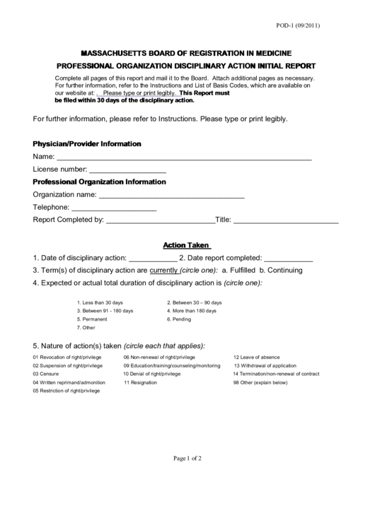 Massachusetts Board Of Registration In Medicine Professional Organization Disciplinary Action Initial Report Printable pdf