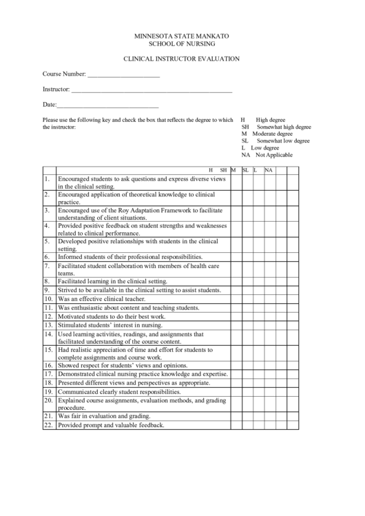 Minnesota State Mankato School Of Nursing Clinical Instructor Evaluation Printable pdf
