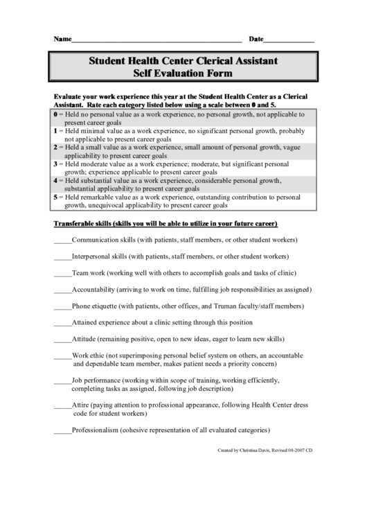Fillable Student Health Center Clerical Assistant Self Evaluation Form Printable pdf