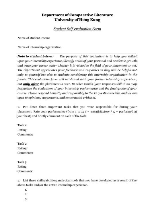 Student Self-Evaluation Form Printable pdf