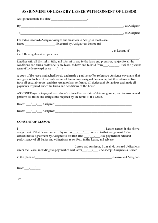 Assignment Of Lease By Lessee With Consent Of Lessor Printable pdf