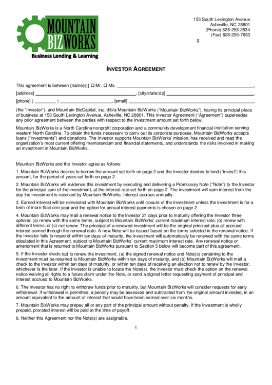 Investor Agreement Printable pdf