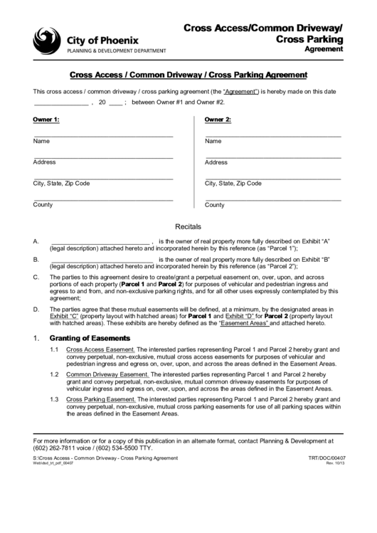 Fillable Cross Access / Common Driveway / Cross Parking Agreement Printable pdf