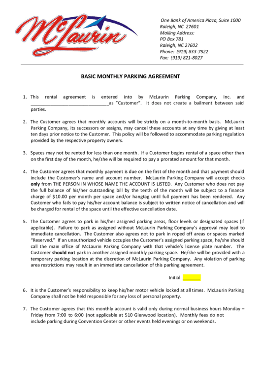 Basic Monthly Parking Agreement Printable pdf
