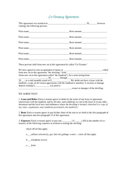 Cotenancy Agreement Printable pdf