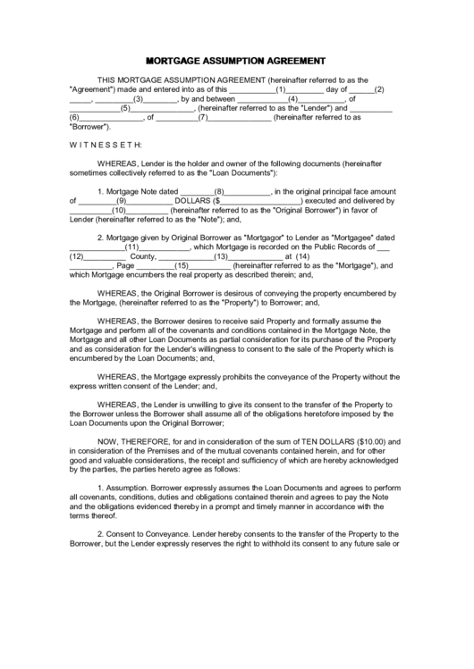 Mortgage Assumption Agreement Printable pdf