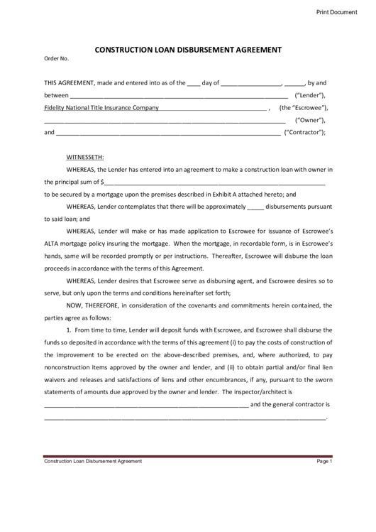 Fillable Construction Loan Disbursement Agreement Printable pdf