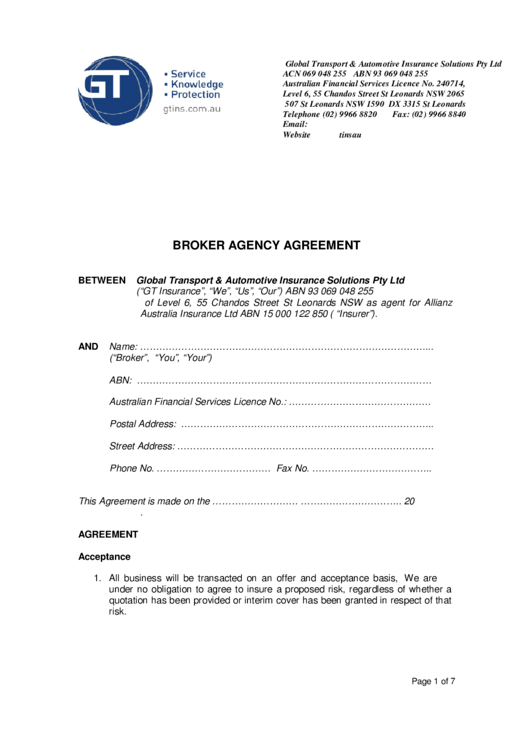 Broker Agency Agreement Printable pdf