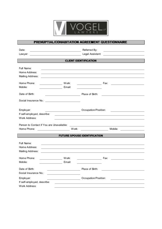 Fillable Prenuptial/cohabitation Agreement Questionnaire Template - Vogel Lawyers Printable pdf