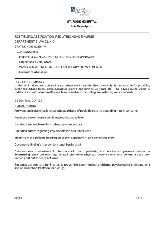 Pediatric Advice Nurse Job Description Template Printable pdf