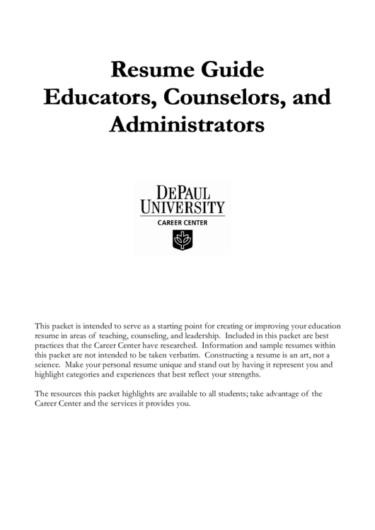 Resume Guide Educators, Counselors, And Administrators Printable pdf