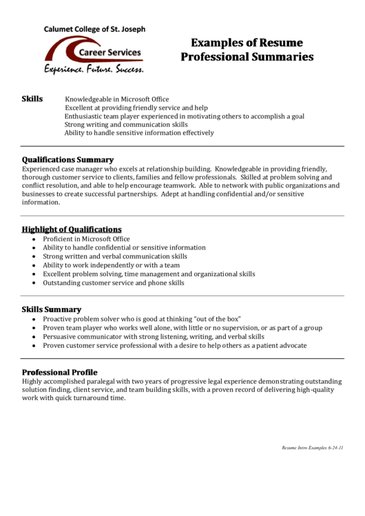 Examples Of Resume Professional Summaries Printable pdf