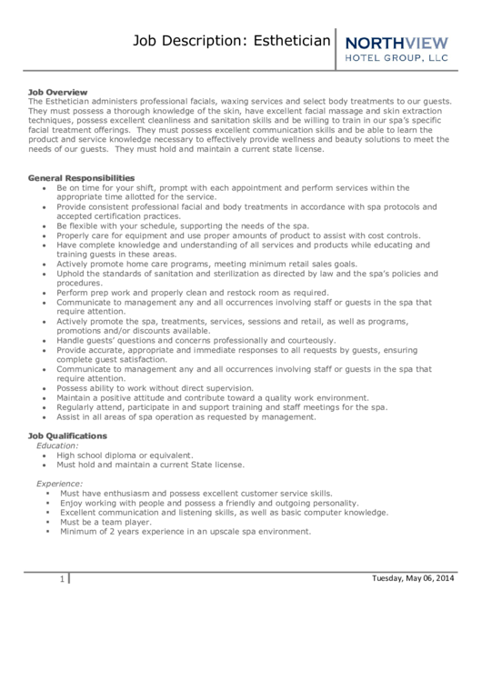 Job Description Template - Esthetician Printable pdf