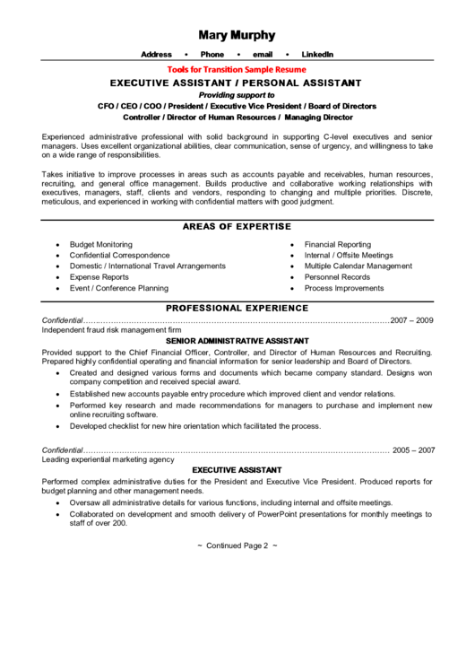 Tools For Transition Sample Resume Executive Assistant / Personal Assistant Printable pdf