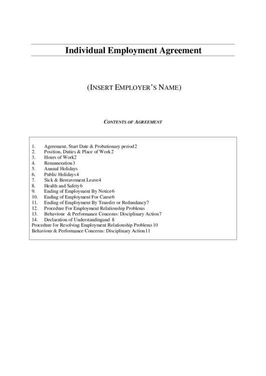Individual Employment Agreement Template Printable pdf