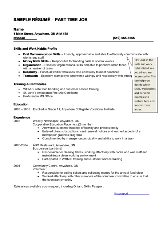 Sample Resume - Part Time Job